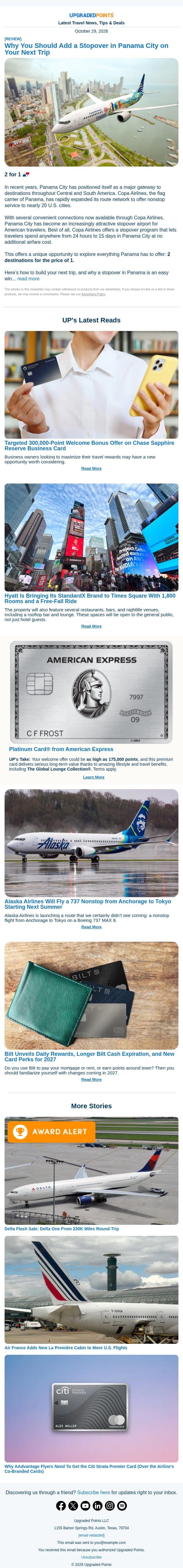300k Chase points, Bilt changes, Delta One sale, and more news! email from Upgraded Points screenshot