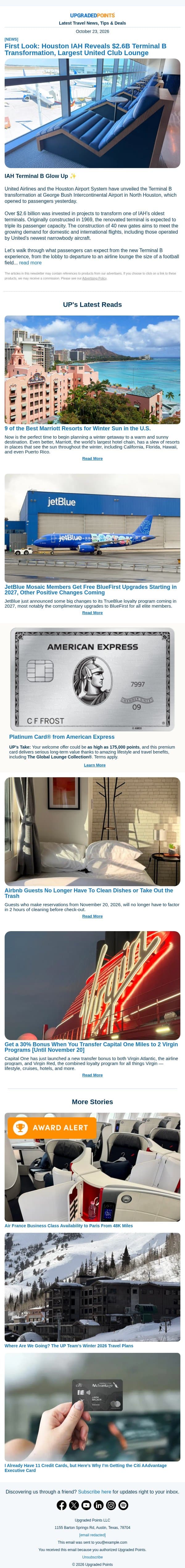Marriott winter getaways, United's $2.6 billion terminal, free JetBlue upgrades, and more news! email from Upgraded Points screenshot