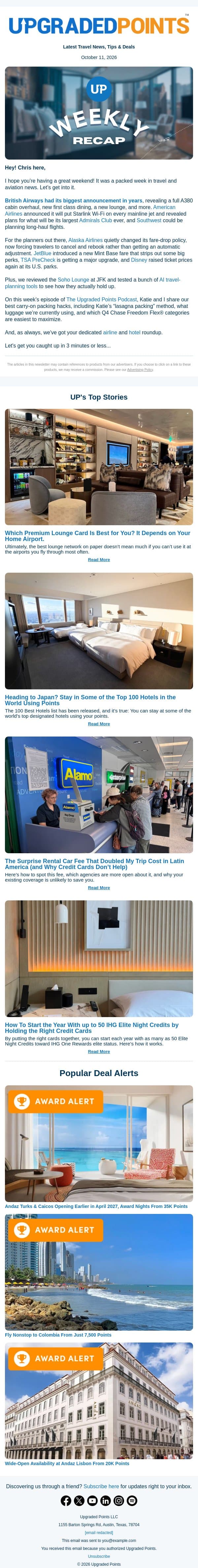 UP Weekly Recap ✈️ BA's big plans, AI tools, Alaska's policy changes, and more news! email from Upgraded Points screenshot