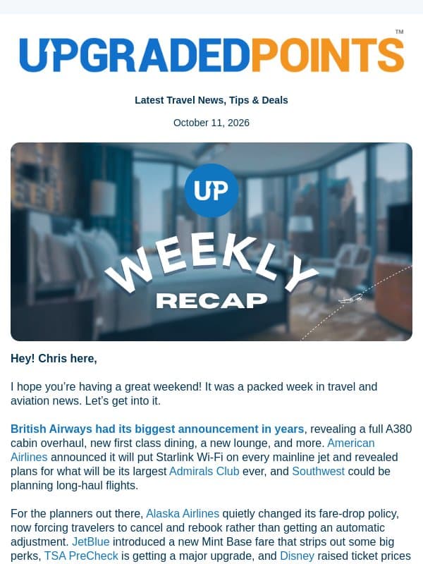 UP Weekly Recap ✈️ BA's big plans, AI tools, Alaska's policy changes, and more news! email from Upgraded Points
