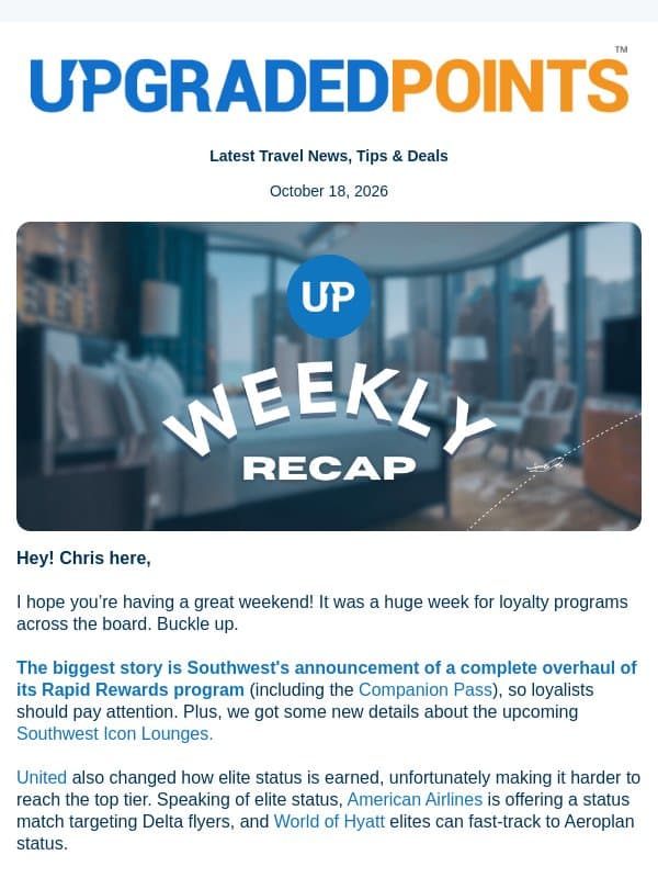 Major Southwest changes, Park Hyatt Maldives for 25k points, status matches, and more news! email from Upgraded Points