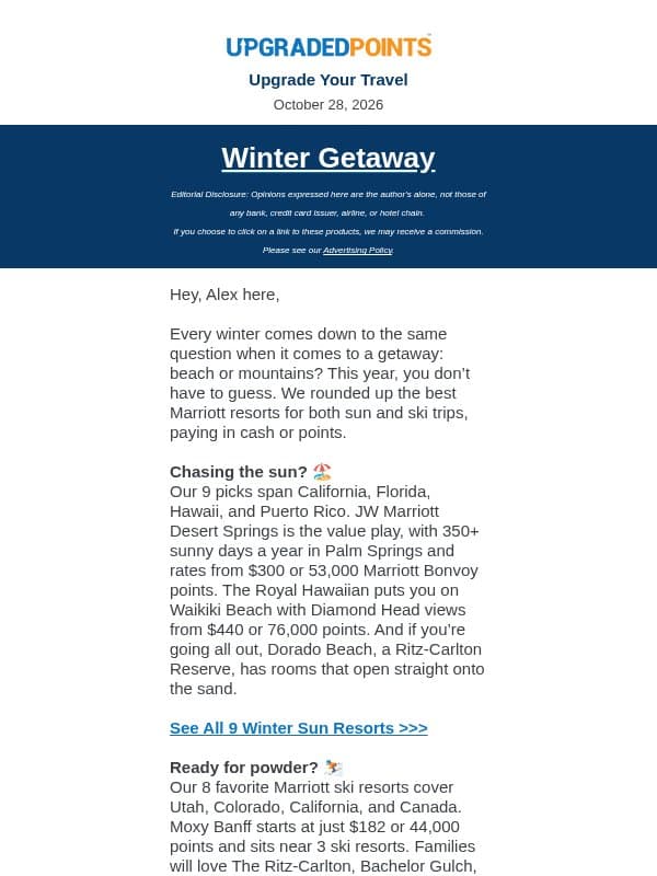 Sun or snow? 17 Marriott resorts to book this winter... email from Upgraded Points