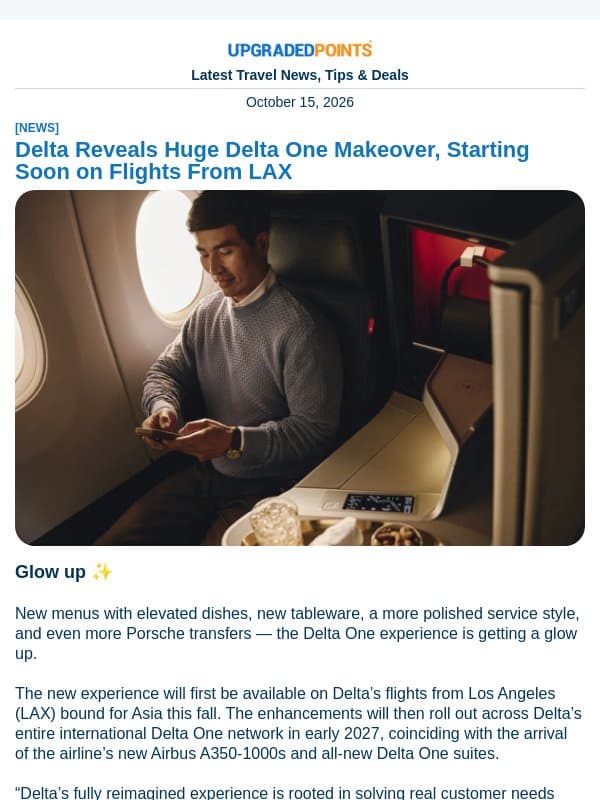 Delta One Makeover, transfer Hyatt points online, Shinkansen private suites, and more news! email from Upgraded Points