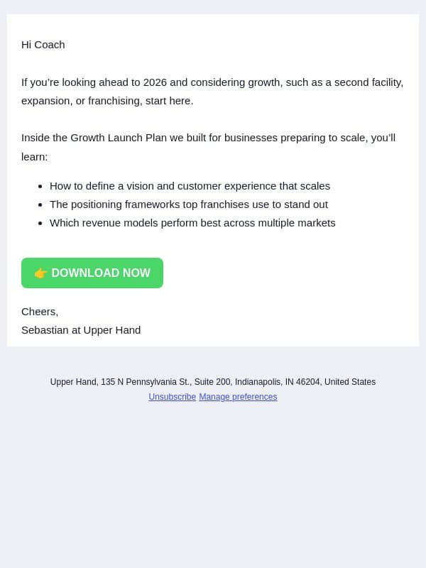 Get Your Business Growth Launch Plan email from Upper Hand