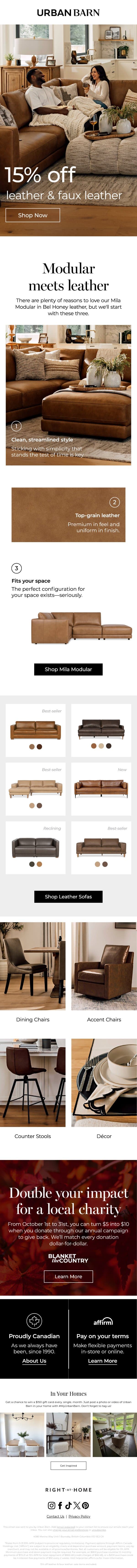 15% off leather & faux leather email from Urban Barn screenshot