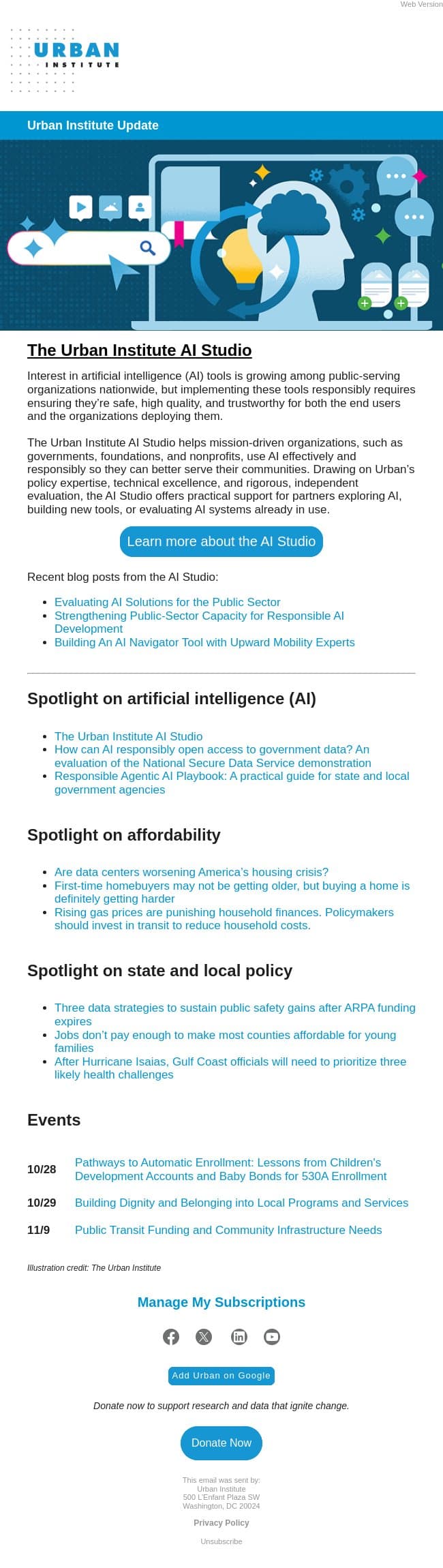 Build and use AI with confidence email from Urban Institute screenshot