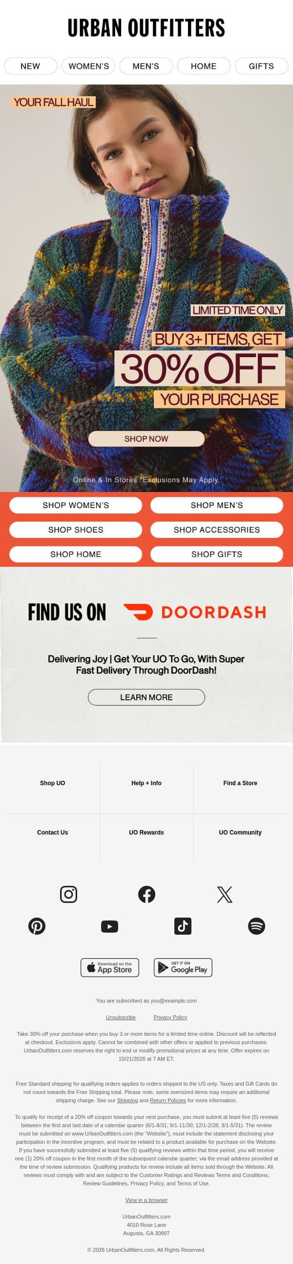 Get 30% Off your Fall Haul! email from Urban Outfitters screenshot