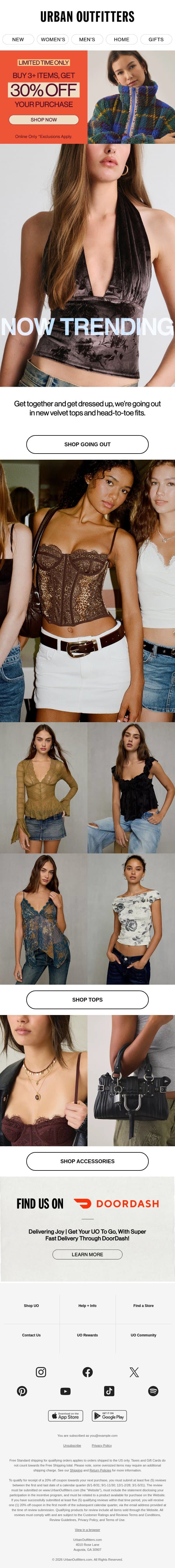 Soft velvet, bold looks email from Urban Outfitters screenshot