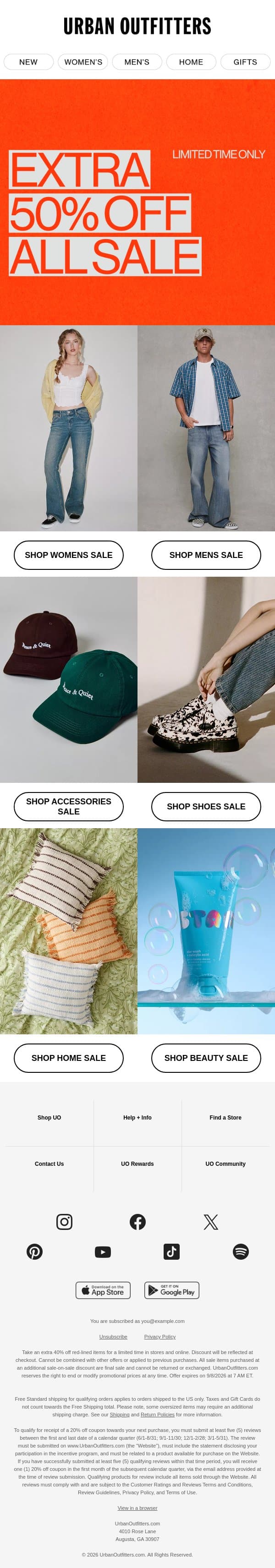 Shop Extra 50% Off Sale before it’s gone! email from Urban Outfitters screenshot
