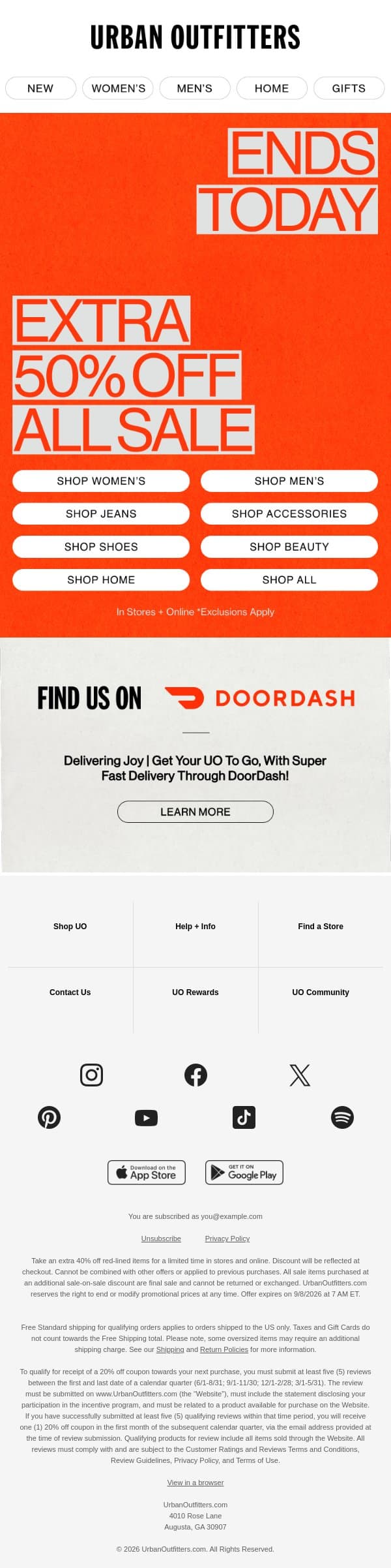 Extra 50% Off Sale Styles is going fast! email from Urban Outfitters screenshot