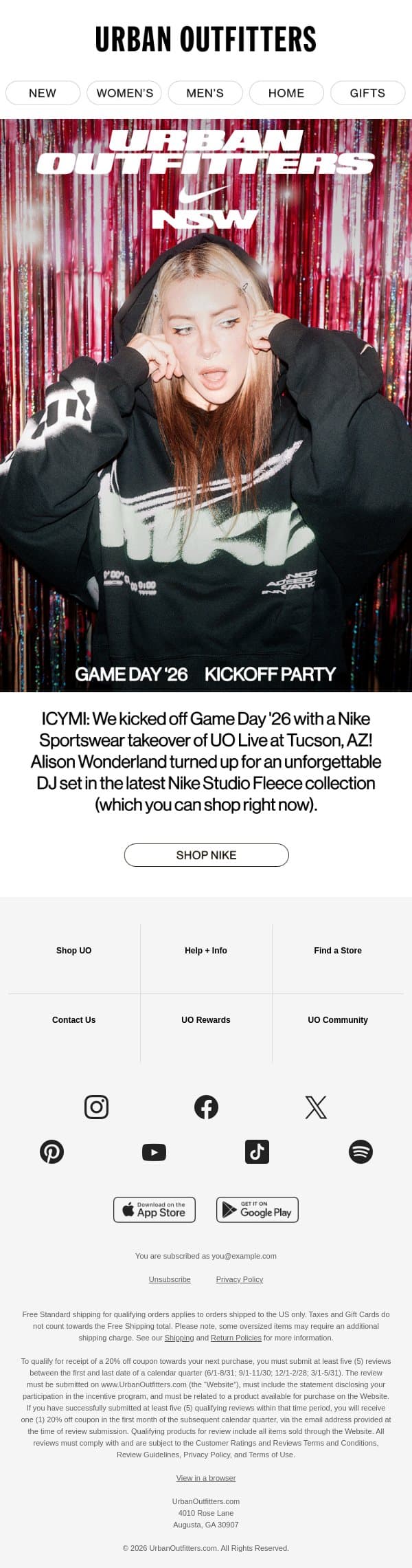 ICYMI: Nike Sportswear takeover @ UO! email from Urban Outfitters screenshot
