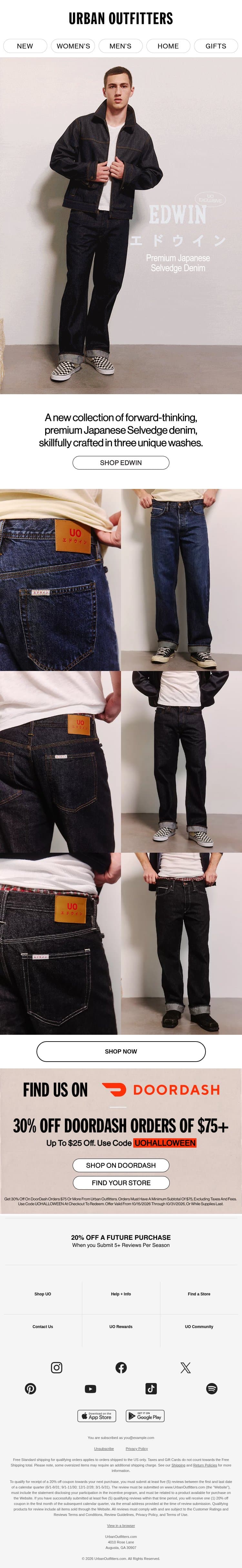 JUST DROPPED: EDWIN Premium Selvedge Denim email from Urban Outfitters screenshot
