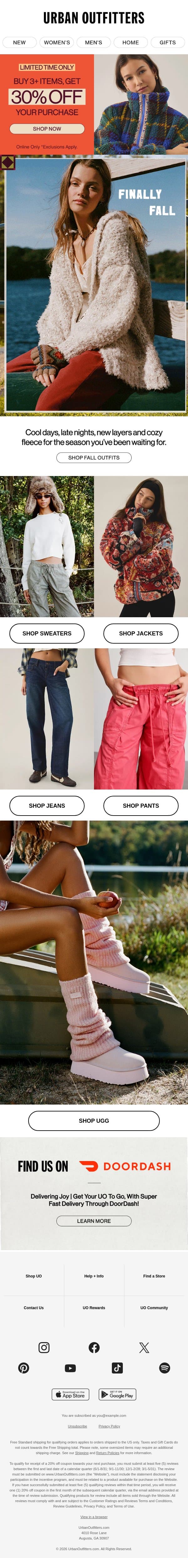 Cool days, long nights, new fall fits email from Urban Outfitters screenshot