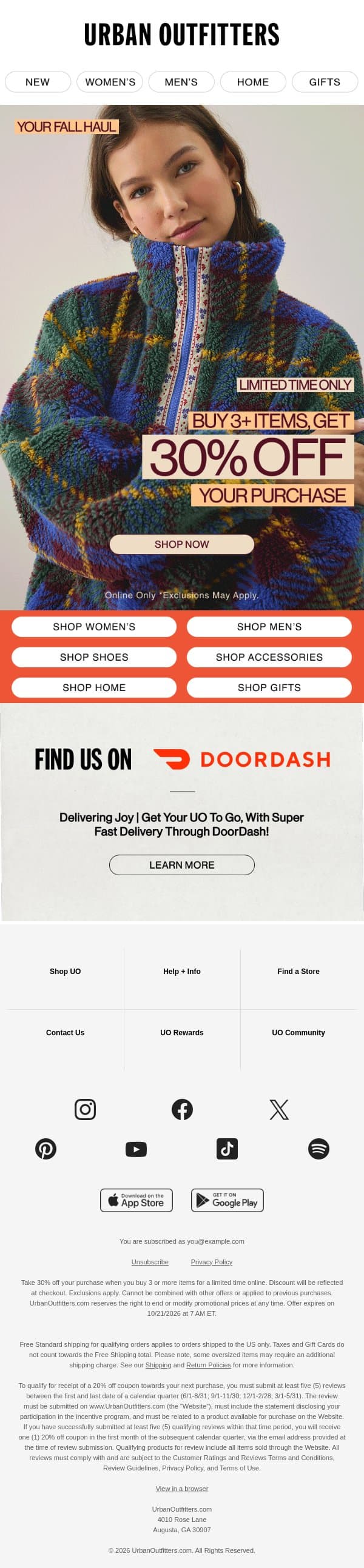 Layer Up: Buy 3+ Items, Get 30% Off email from Urban Outfitters screenshot
