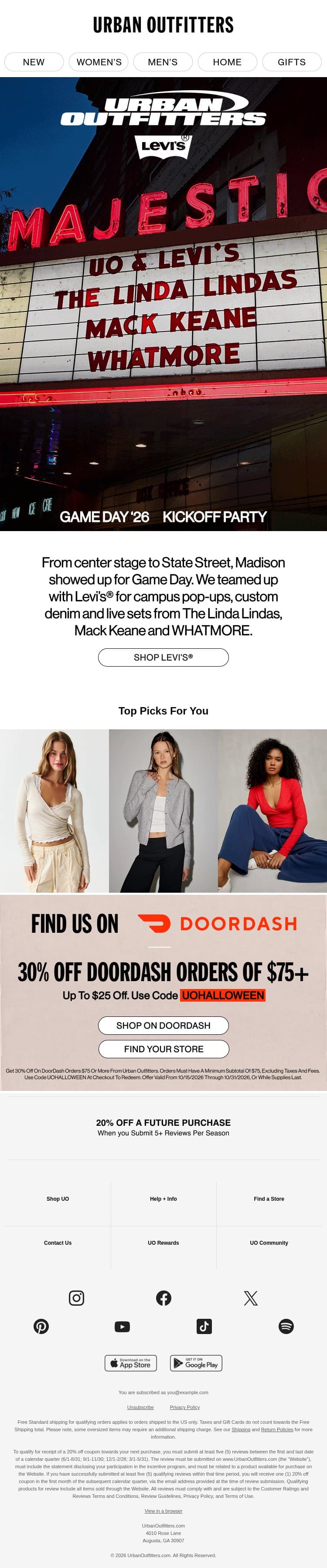 ICYMI: Levi’s® Game Day Kickoff Party! email from Urban Outfitters screenshot