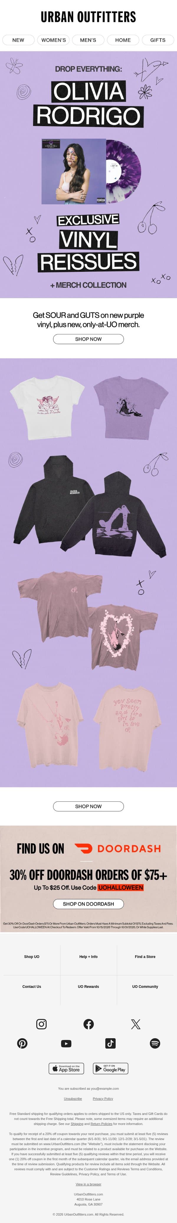 EXCLUSIVE: Olivia Rodrigo Vinyl + Merch 💜 email from Urban Outfitters screenshot