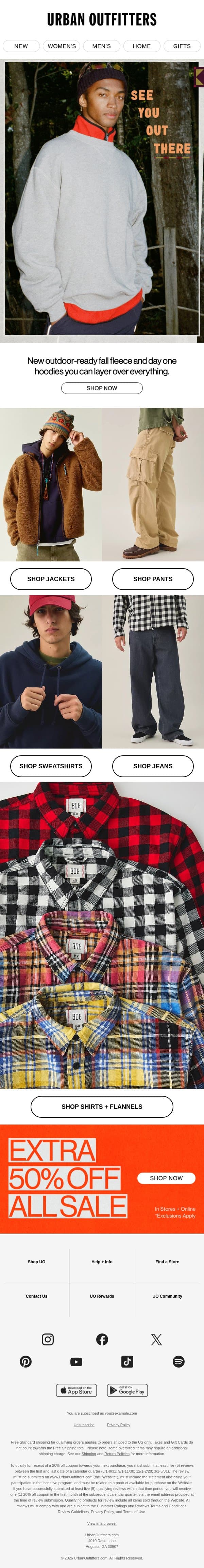 Your fall layer lineup → email from Urban Outfitters screenshot