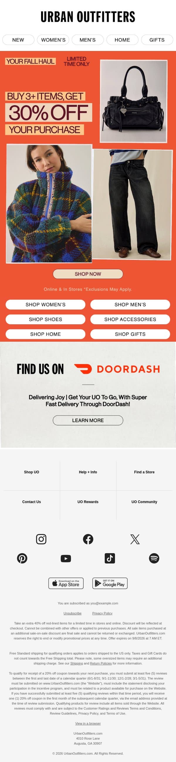 Your Fall Haul π Buy 3+ items, Get 30% Off email from Urban Outfitters screenshot