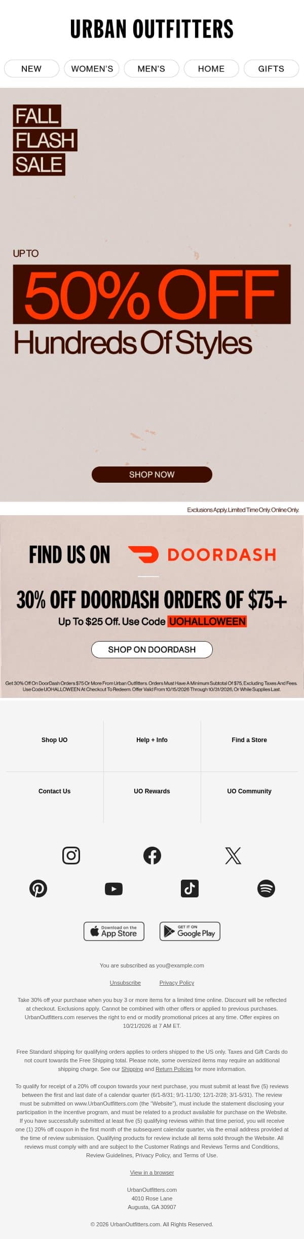 Don’t Miss: Up to 50% Off 100s of Styles email from Urban Outfitters screenshot
