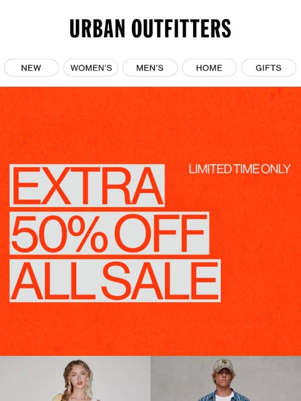 Shop Extra 50% Off Sale before it’s gone! email from Urban Outfitters