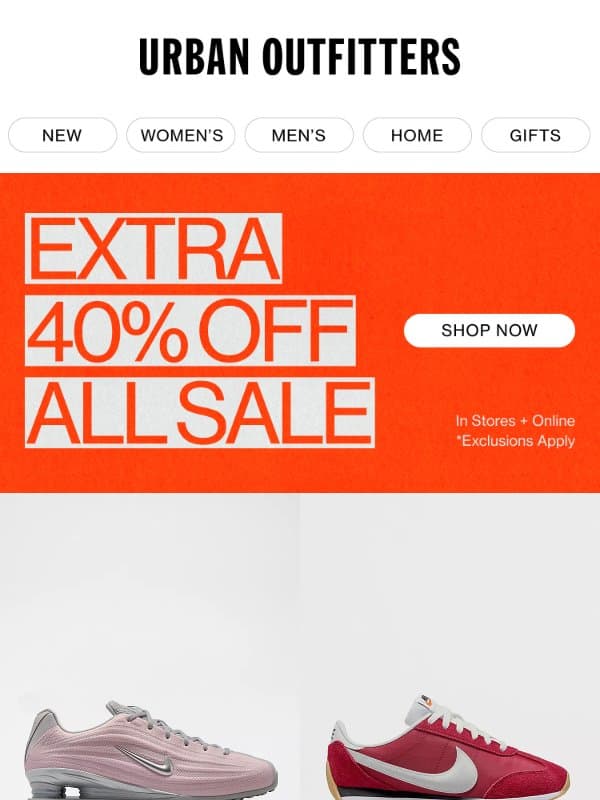 Extra 40% Off Sale Sneakers (+ More!) email from Urban Outfitters