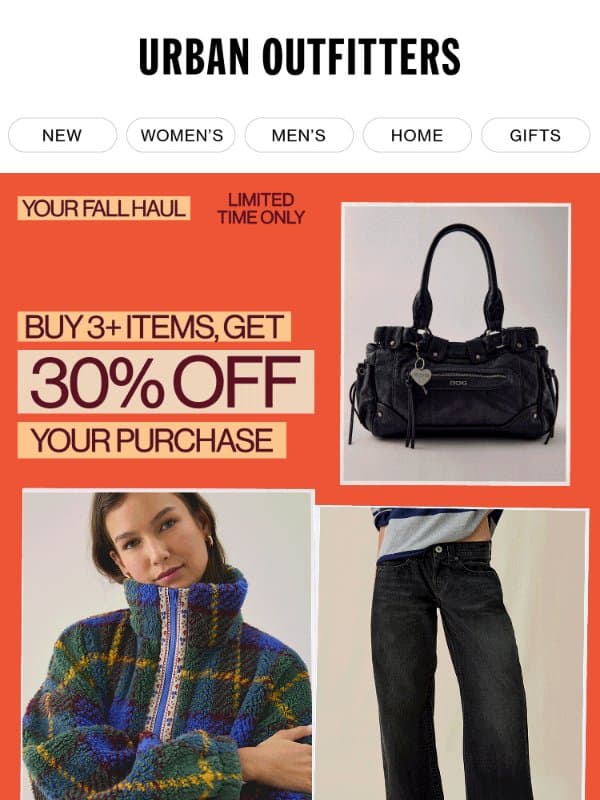Your Fall Haul = 30% Off email from Urban Outfitters