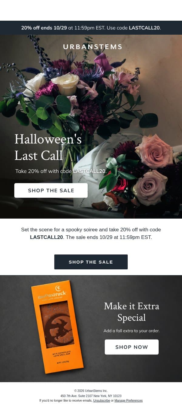 20% off sitewide starts now email from UrbanStems screenshot