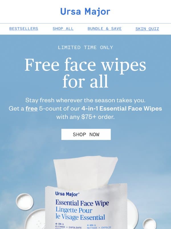 Swipe our Essential Face Wipes—free! email from Ursa Major