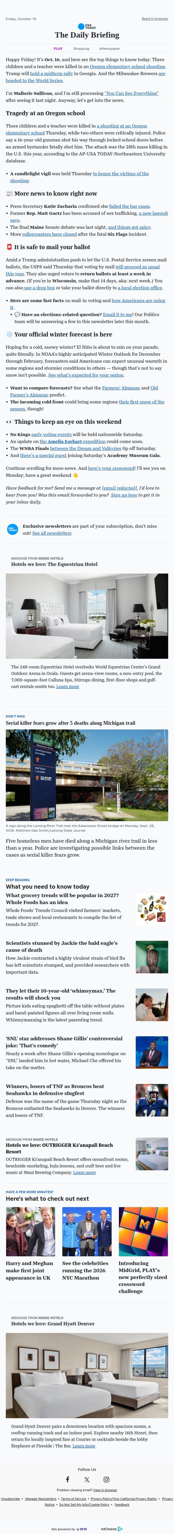 Tragedy at an Oregon elementary school email from USA Today screenshot