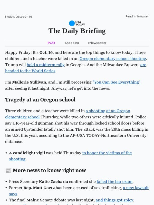 Tragedy at an Oregon elementary school email from USA Today