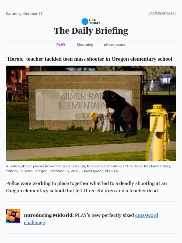 'Heroic' teacher tackled teen mass shooter in Oregon elementary school email from USA Today