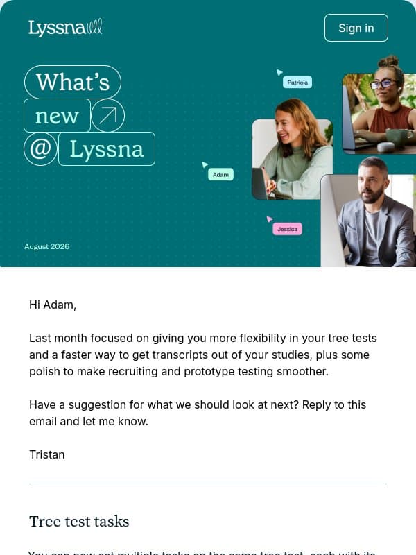 New in Lyssna: Tree test tasks, bulk transcript exports and more email from UsabilityHub