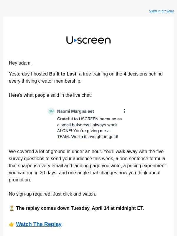 The replay comes down Tuesday - here's what you missed email from Uscreen