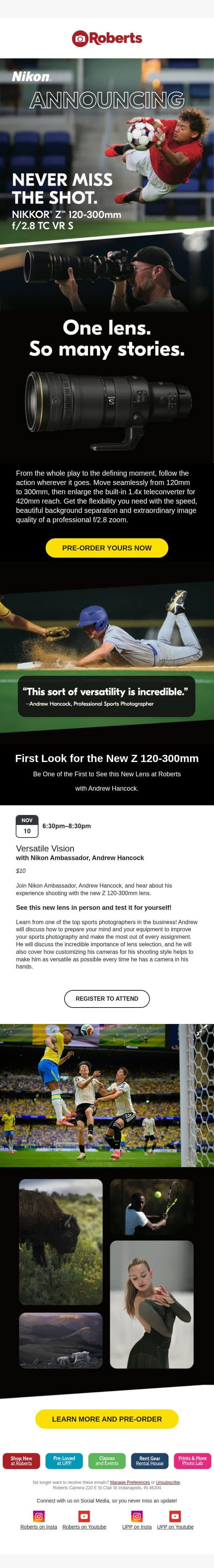 The Nikkor Z 120-300mm Lens Has Arrived! email from UsedPhotoPro screenshot