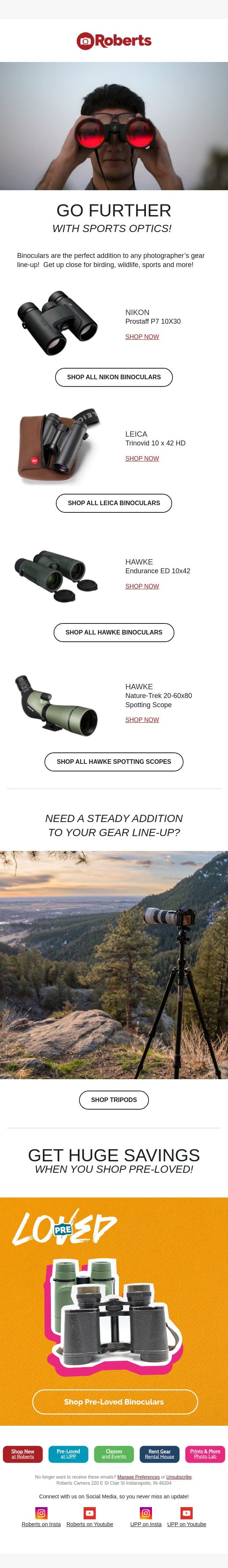 Go Further with Sports Optics at Roberts! email from UsedPhotoPro screenshot
