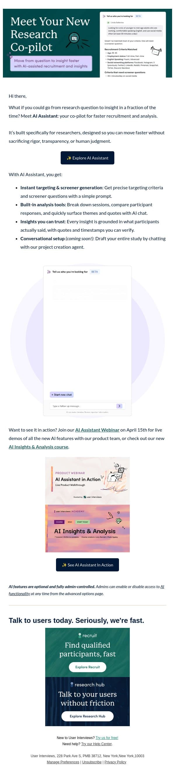 ✨ Meet your new AI Assistant email from User Interviews screenshot