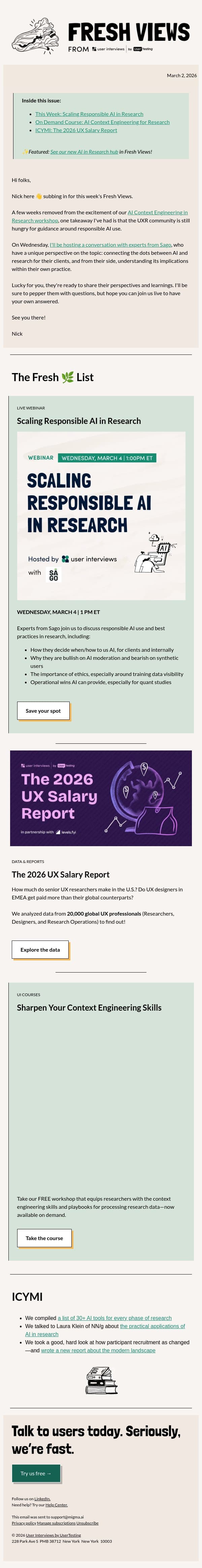 Scaling AI Workflows (Responsibly) | Take Our Free Context Engineering Course email from User Interviews screenshot