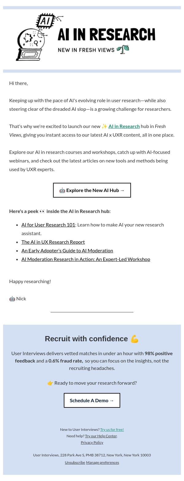 Explore Our New ✨ AI in Research Hub email from User Interviews screenshot