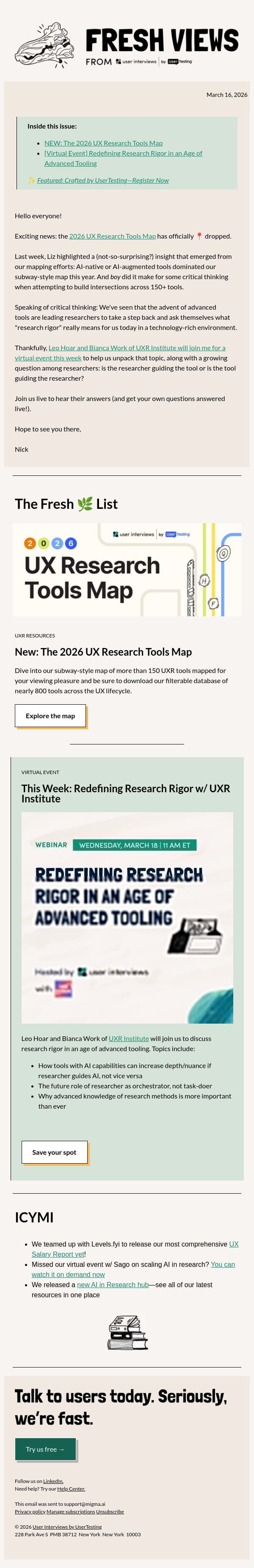 The 2026 UXR Tools Map is Here! | Research Rigor 🤝 Advanced Tooling email from User Interviews screenshot