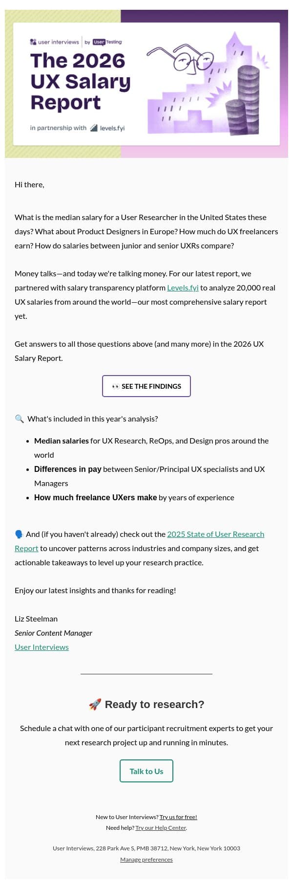 đź’° The 2026 UX Salary Report is Here! email from User Interviews screenshot