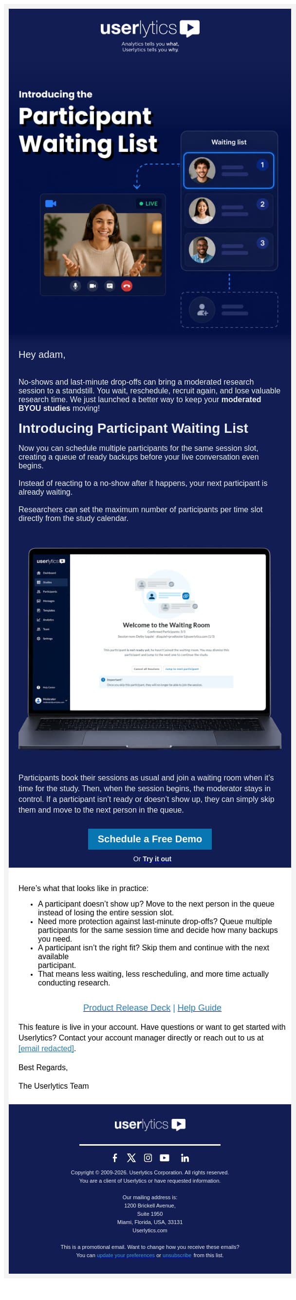 New! Queue backup participants so a no-show never derails your session email from Userlytics screenshot