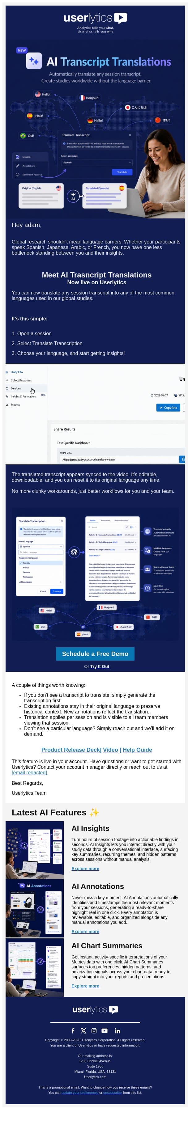 Introducing AI Session Translations! So language never slows you down email from Userlytics screenshot