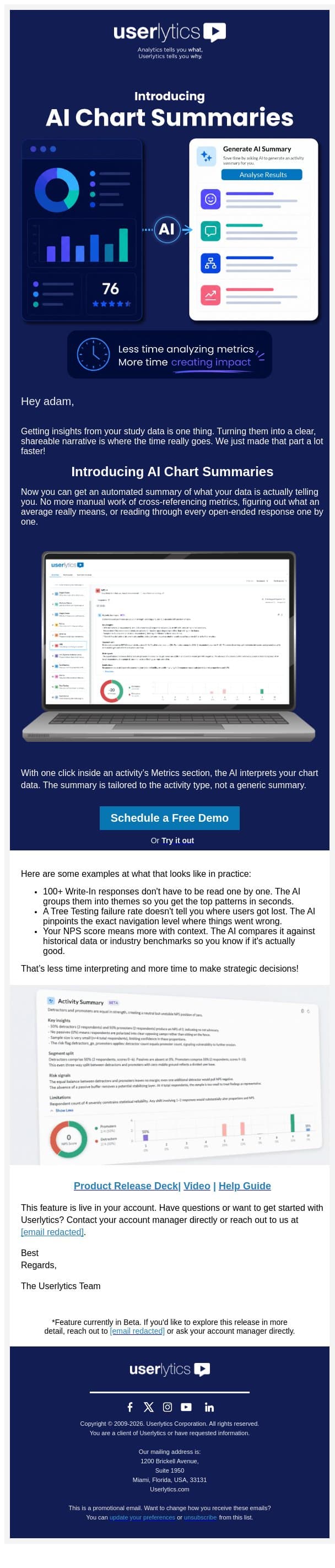 Meet AI Chart Summaries: Your Metrics data, instantly interpreted ✨ email from Userlytics screenshot