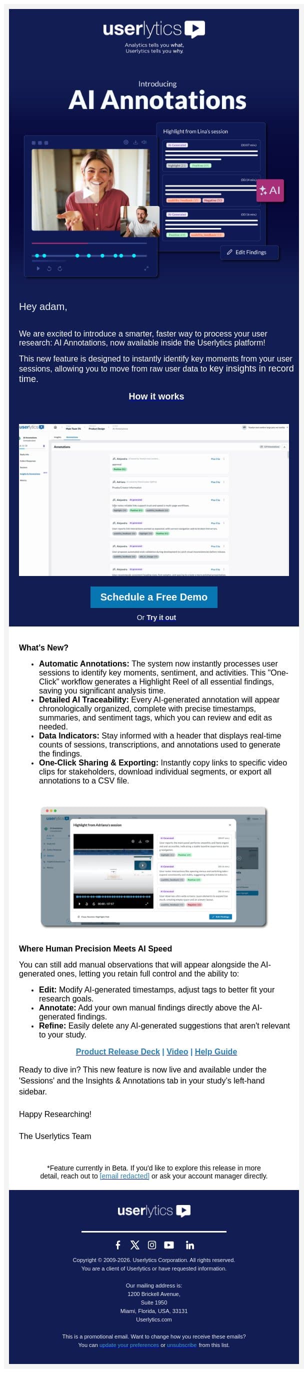 NEW! Accelerate user research analysis with AI Annotations ✨ email from Userlytics screenshot