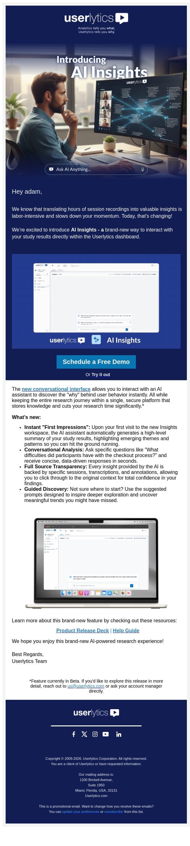 Introducing AI Insights - The brand-new conversational AI workspace within Userlytics! ✨ email from Userlytics screenshot