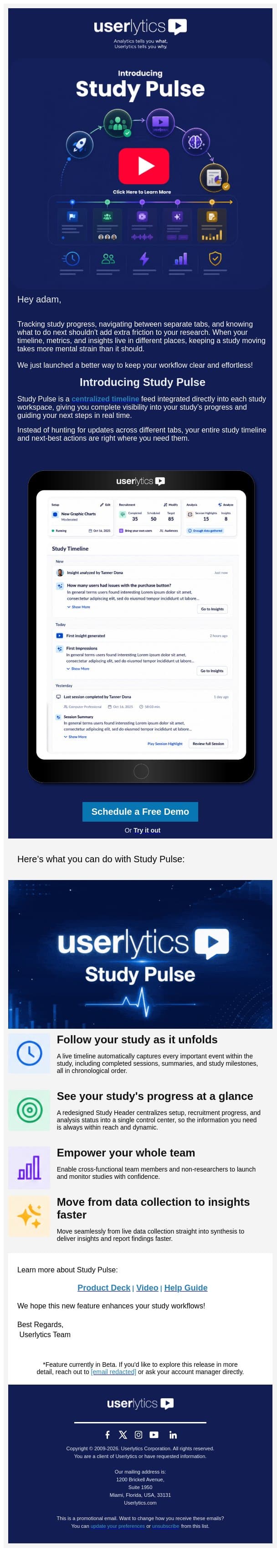 Meet Study Pulse: Your research, guided from start to insight email from Userlytics screenshot