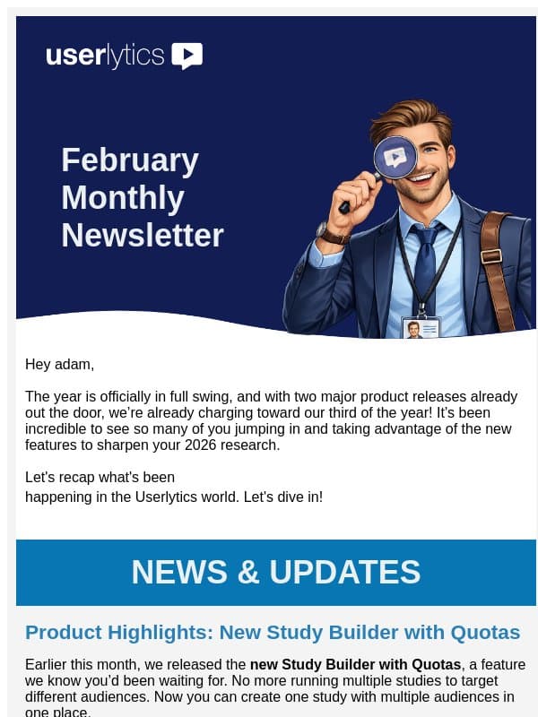 Your Monthly Digest: AI Insights, Studies with Quotas, and more! email from Userlytics
