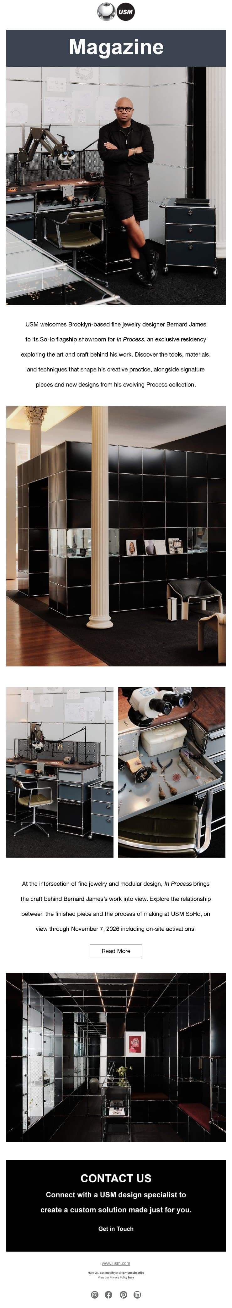 In Process: Bernard James, Fine Jewelry Designer at USM SoHo email from USM Modular Furniture screenshot