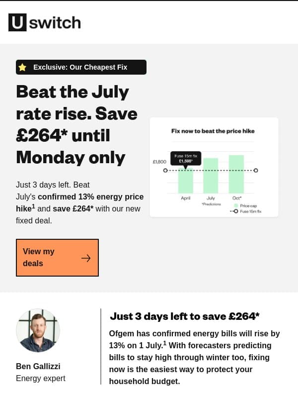 Your £264* energy saving expires Monday email from Uswitch