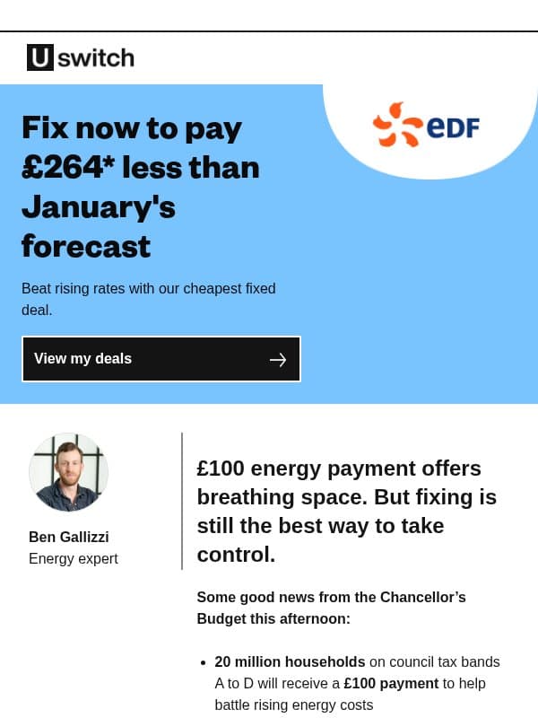 Budget update: Β£100 energy payment for some households email from Uswitch